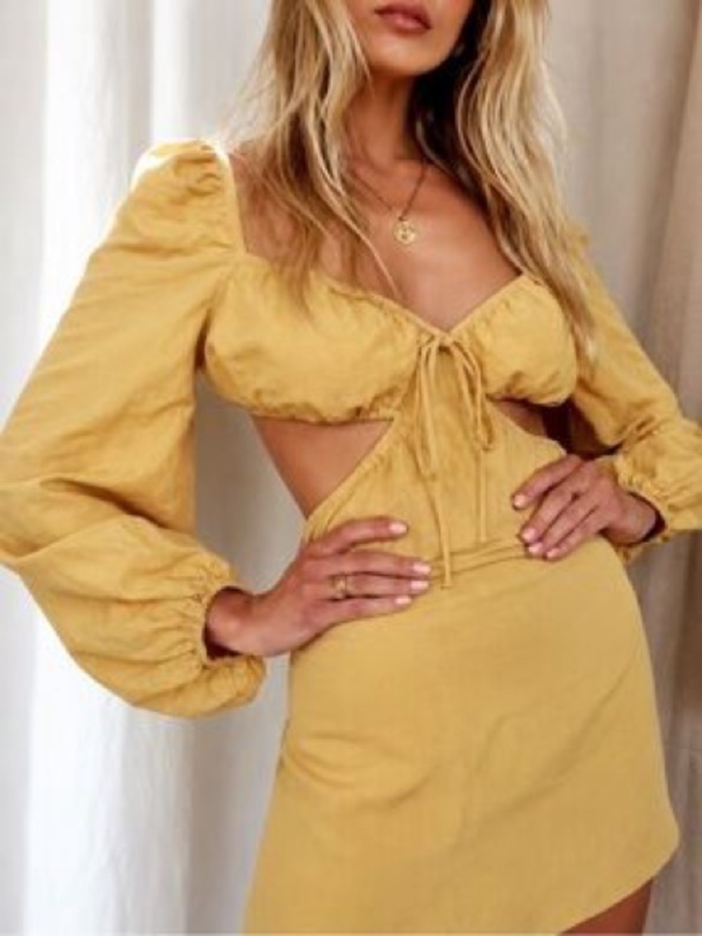 Kittenish mini dress long sleeve cutout vneck open back mustard butter tie front